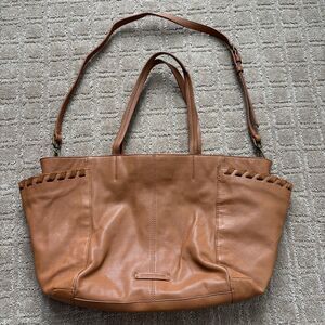 Lucky Brand Leather Tote Bag Purse Women's Camel Tan Multi Pocket Boho Large